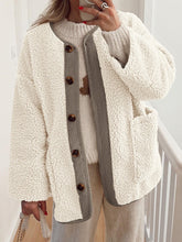 Contrast Button Up Sherpa Jacket with Pockets Cream OutfitFlow