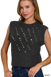 Zenana Openwork Textured Wool Sweater Vest BLACK OutfitFlow