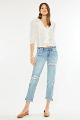 Kancan Mid Rise Distressed Boyfriend Fit Jeans LIGHT OutfitFlow
