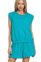 Zenana French Terry Sleeveless Top & Shorts Set LT TEAL OutfitFlow