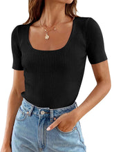 Ribbed Square Neck Short Sleeve Knit Top Black OutfitFlow