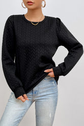 Texture Round Neck Long Sleeve Sweatshirt Black OutfitFlow
