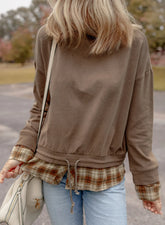 Drawstring Plaid Turtleneck Long Sleeve Top Mocha OutfitFlow