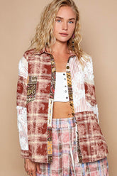 POL Crochet Plaid Patchwork Button Up Shirt Red Multicolor OutfitFlow