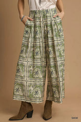 Umgee Bohemian Print Pants with Pockets Sage OutfitFlow