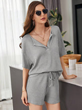 Full Size Waffle-Knit Dropped Shoulder Top and Shorts Set Dark Gray OutfitFlow
