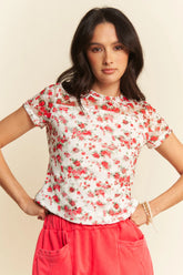 Davi & Dani Ribbon Short Sleeve Layered Mesh Top WHITE MULTI OutfitFlow