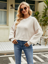 Round Neck Lantern Sleeve Sweater Cream OutfitFlow