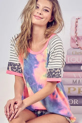 BiBi Tie Dye French Terry Top With Stripe Raglan CHARCOAL TIEDYE OutfitFlow