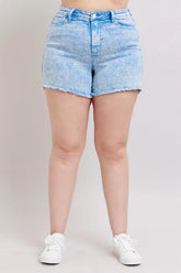 Judy Blue Plus Size Mid Rise Garment Dyed Denim Shorts CYAN OutfitFlow