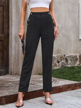 Decorative Button Elastic Waist Pants Black OutfitFlow
