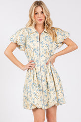 GeeGee Floral Eyelet Zipper Front Puff Sleeve Mini Dress Pastel Blue OutfitFlow