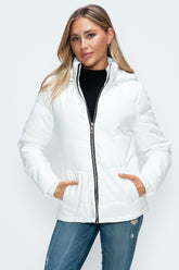 How Dare U Pocketed Zip Up Puffer Jacket with Removable Hood White OutfitFlow