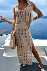 Openwork Slit Scoop Neck Sleeveless Cover Up Tan OutfitFlow