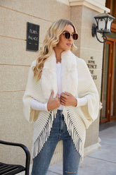 Fringe Detail Long Sleeve Ribbed Poncho Ivory One Size OutfitFlow