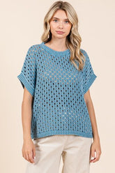 Mittoshop Mineral Wash Openwork Short Sleeve Knit Cover Up Cerulean OutfitFlow