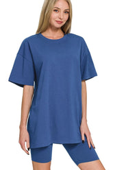 Zenana Cotton Round Neck Top & Biker Shorts LT NAVY OutfitFlow
