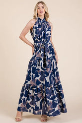 Lime 'N' Chili Abstract Halter Neck Tie-Waist Tiered Maxi Dress NAVY COMBO OutfitFlow
