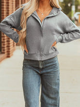 Waffle Splicing Zip Up Front Button Hooded Jacket Gray OutfitFlow