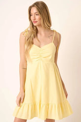 Mittoshop Ruched Detail Spaghetti Tie Mini Dress YELLOW OutfitFlow