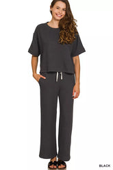 Zenana Raised Rib Short Sleeve Tee & Pants Set BLACK OutfitFlow