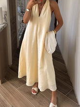Halter V-Neck Linen Midi Dress Yellow OutfitFlow