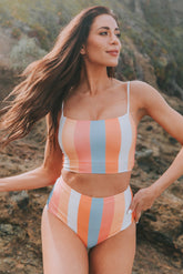 Square Neck Color Block Swim Set Orange OutfitFlow