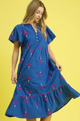 Umgee Embroidered Tiered Midi Dress Dark Blue OutfitFlow