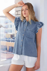 Mittoshop Washed Denim Ruffle Short Sleeve Collared Shirt DENIM OutfitFlow