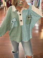 Striped Oversized Half Button Sweatshirt Gum Leaf OutfitFlow