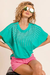 BiBi Rhinestone Beaded Short Sleeve Top JADE OutfitFlow