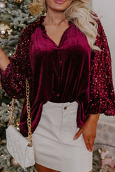 Sequin Notched Long Sleeve Blouse Red OutfitFlow