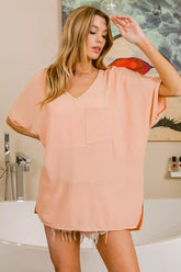 BiBi Woven V Neck Hi-low Boxy Top With Front Pocket PEACH OutfitFlow