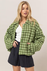 HYFVE Tweed Plaid Button Up Collared Neck Jacket Green OutfitFlow