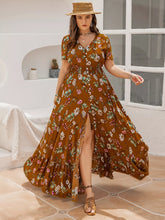 Plus Size Floral V-Neck Short Sleeve Dress Caramel OutfitFlow