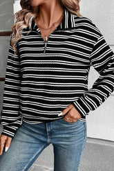 Striped Half Zip Long Sleeve Top Black OutfitFlow