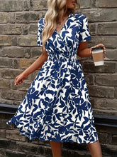 Printed Smocked Surplice Short Sleeve Dress Peacock Blue OutfitFlow