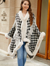 Checkered Faux Fur Trim Poncho Ivory One Size OutfitFlow