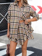 Plaid Button Up Shirt and Skirt Set Khaki OutfitFlow