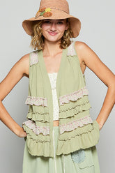 POL Ruffled Open Front Sleeveless Cardigan Sage Multicolor OutfitFlow