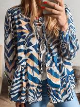 Zebra Print Tied Front Puff Sleeve Top Dusty Blue OutfitFlow