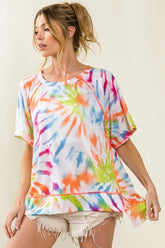 BiBi Tie Dye Print Jersey Stitched Uneven Hem Top OFF WHITE MULTI OutfitFlow