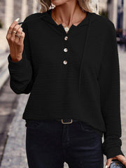 Drawstring Quarter Button Long Sleeve Hoodie Black OutfitFlow