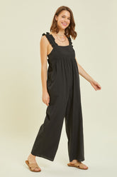 HEYSON Full Size Ruffled Strap Back Tie Wide Leg Jumpsuit Black OutfitFlow