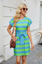 Tied Contrast Striped Short Sleeve Mini Tee Dress Green Blue OutfitFlow