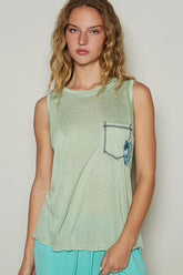 POL Floral Detail Pocket Patch Tank Top Gum Leaf OutfitFlow
