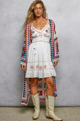 POL Open Front Crochet Cardigan with Weave Knit Patterns BEIGE MULTI One Size OutfitFlow