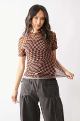 Davi & Dani Checker Board Printed Mesh Short Sleeve Top BROWN BLACK OutfitFlow