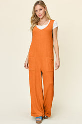 Double Take Full Size Texture Sleeveless Wide Leg Jumpsuit Tangerine OutfitFlow