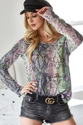 BiBi Snakeskin Print Low Gauge Hacci V Neck Top LAVENDER GREEN OutfitFlow